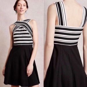 Anthropologie Maeve Crosswise Black And White Striped Cross Strap Flare Dress 8